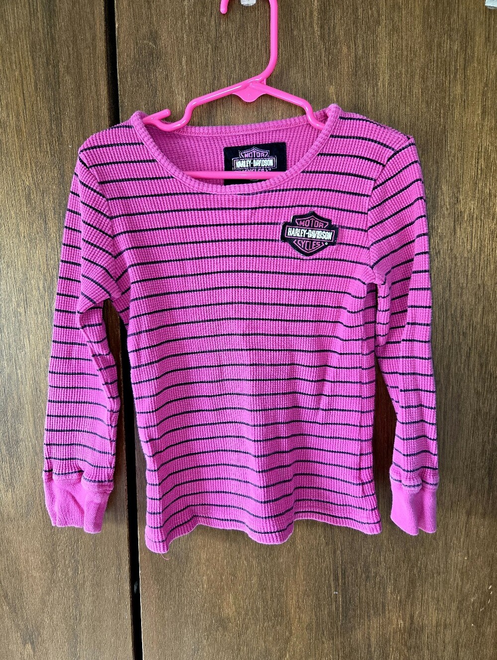 Y2K Harley-Davidson Pink and Black Striped Long Sleeve Girls' Top Alt Grunge 5